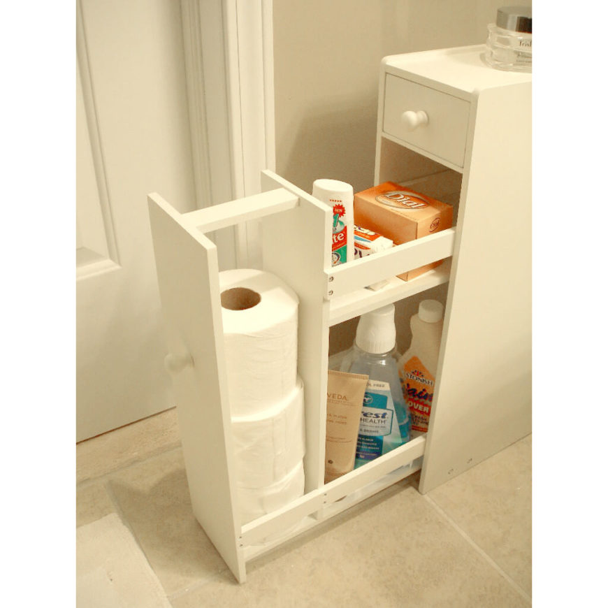 This cabinet fits in a narrow area and has spots for both tall and short cosmetics, along with extra toilet paper rolls. This cabinet fits in a narrow area and has spots for both tall and short cosmetics, along with extra toilet paper rolls.