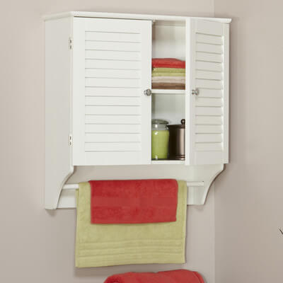 The top has shutter-like doors that keep your clutter hidden away, and a lower towel bar to keep one handy at all times. The top has shutter-like doors that keep your clutter hidden away, and a lower towel bar to keep one handy at all times.