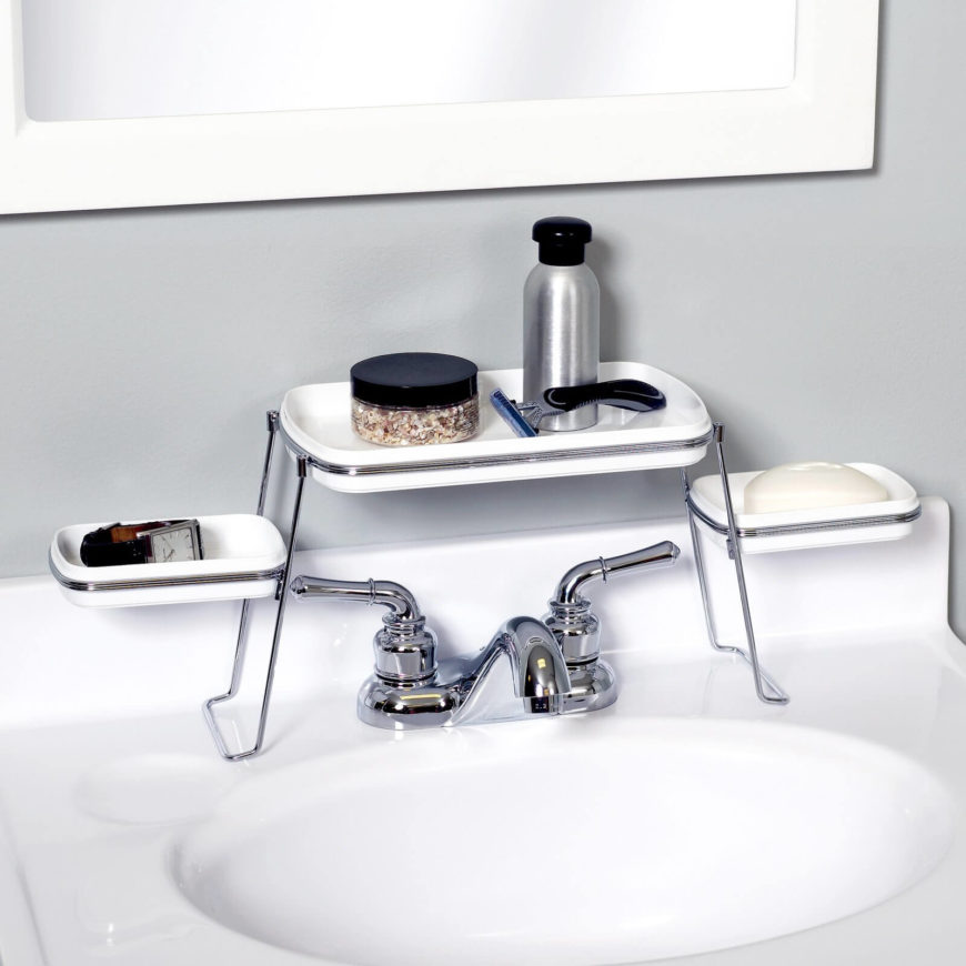 Sitting just above your faucet, this keeps your soaps and other sundries off of your clean countertops, meaning you have to scrub them less. Sitting just above your faucet, this keeps your soaps and other sundries off of your clean countertops, meaning you have to scrub them less.