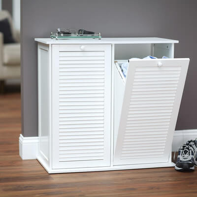 This tilt-out model will match similarly styled cabinets well, and the double hampers allow you to pre-sort your laundry. This tilt-out model will match similarly styled cabinets well, and the double hampers allow you to pre-sort your laundry.