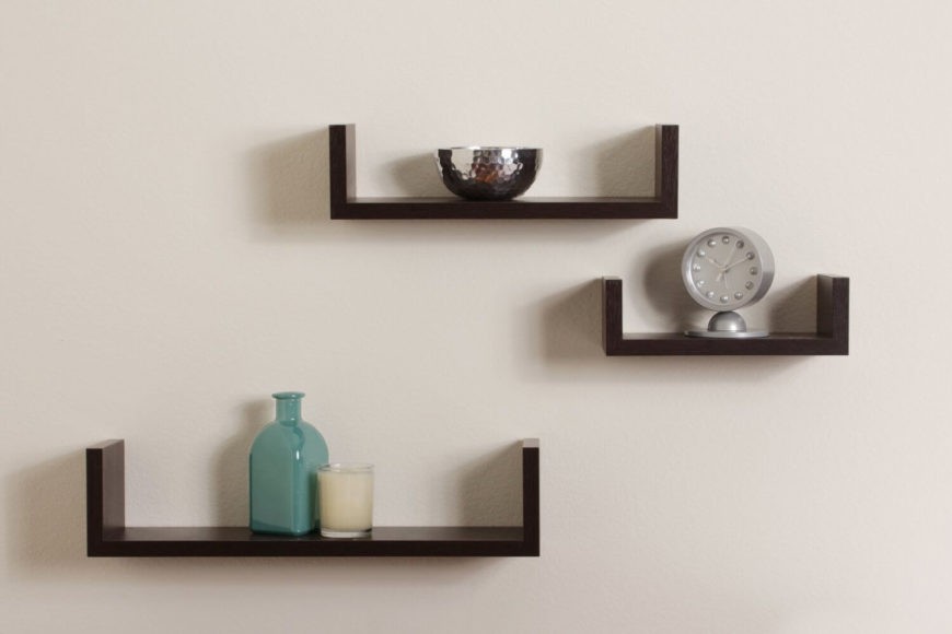 These simple shelves don't take up too much room, and would look great with a variety of styles. These simple shelves don't take up too much room, and would look great with a variety of styles.