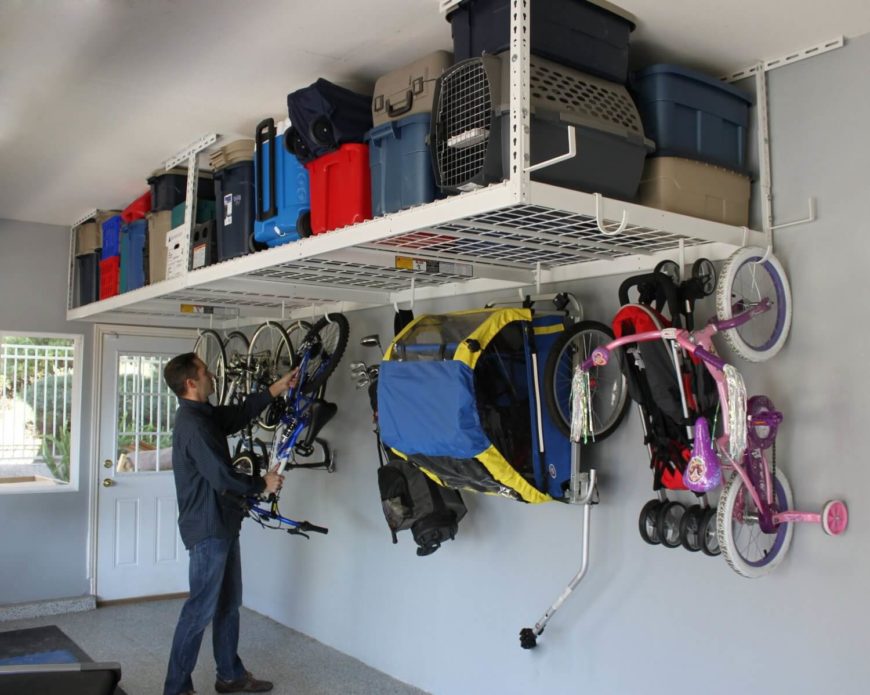 This rack also includes sturdy hooks that you can use to store bicycles, sports equipment, or strollers, getting them up off of your floor during the off-season. This rack also includes sturdy hooks that you can use to store bicycles, sports equipment, or strollers, getting them up off of your floor during the off-season.