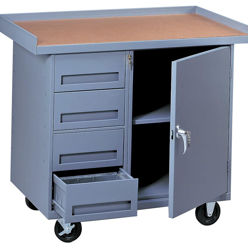This workbench is on wheels, which means you can move it around as you need it, instead of crossing the room to get tools. This workbench is on wheels, which means you can move it around as you need it, instead of crossing the room to get tools.