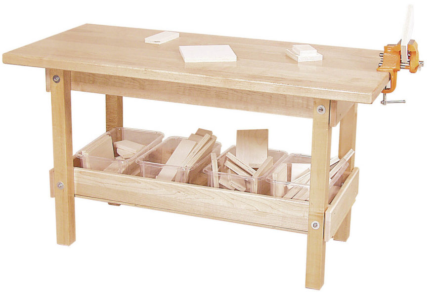 This stable wooden workbench has a large tray on the bottom to store your tools or materials for easy reach. This stable wooden workbench has a large tray on the bottom to store your tools or materials for easy reach.