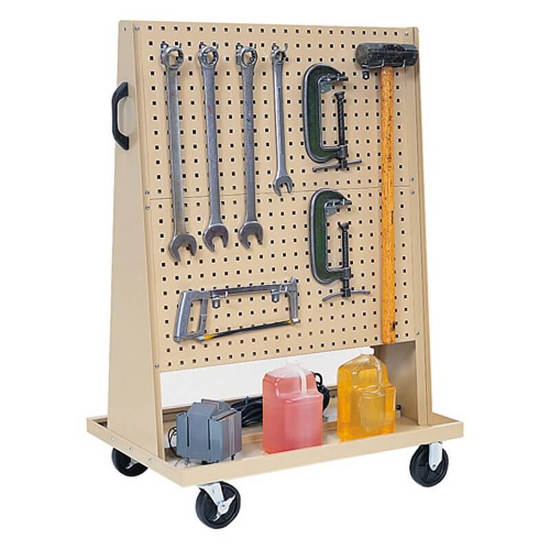 The wheels and handle allow you to pull your pegboard around the garage or outside. The wheels and handle allow you to pull your pegboard around the garage or outside.