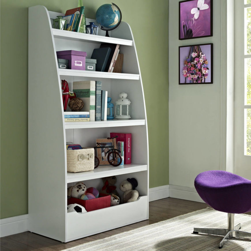 A deep cubby on the lowest shelf is great storage for toys as well, making this an optimal bookcase for a child's room. A deep cubby on the lowest shelf is great storage for toys as well, making this an optimal bookcase for a child's room.