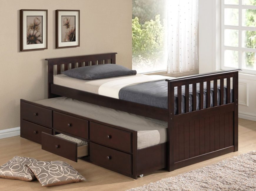This trundle bed also has three drawers built into the side for additional storage, and is perfect for sleepovers. This trundle bed also has three drawers built into the side for additional storage, and is perfect for sleepovers.