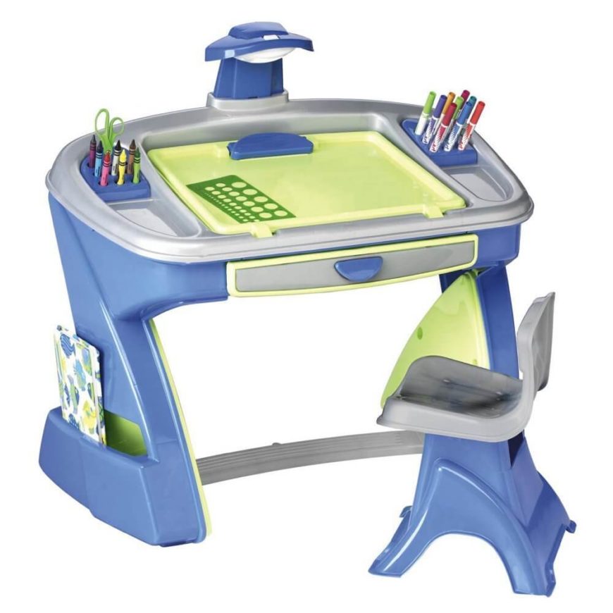 This miniature desk is built from sturdy plastic, but is light enough to move easily for an adult. Pockets on the side and a drawer in the front provide extra storage in addition to the crayon and marker slots on the top. This miniature desk is built from sturdy plastic, but is light enough to move easily for an adult. Pockets on the side and a drawer in the front provide extra storage in addition to the crayon and marker slots on the top.