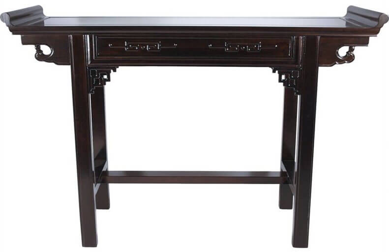 The elegance of this Chinese style table is not to be underestimated. Carved details are sure to catch the eye of your guests. A rim on either side of the table gives the top the appearance of a serving tray. The elegance of this Chinese style table is not to be underestimated. Carved details are sure to catch the eye of your guests. A rim on either side of the table gives the top the appearance of a serving tray.