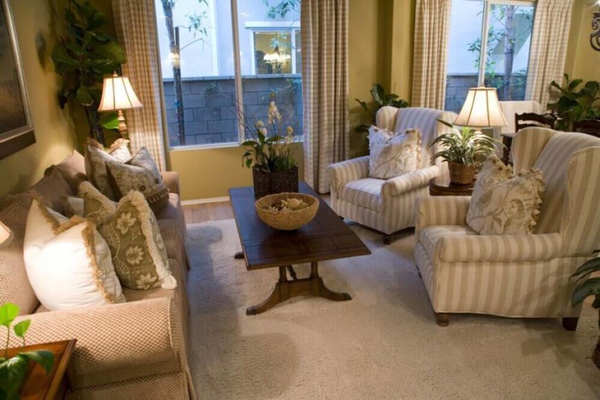 A combination of floor and table lamps ensures that each seating area has plenty of light for reading or conversing. A combination of floor and table lamps ensures that each seating area has plenty of light for reading or conversing.