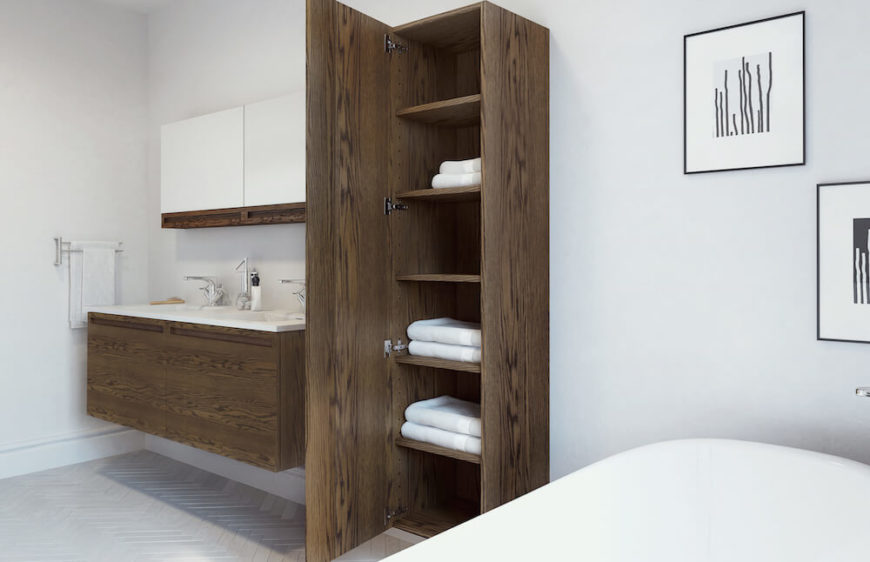 Seen here is the floating vanity in oak with a slim, almost minimalist profile, along with a matching linen cabinet in a matching mocha finished oak. Both the linen cabinet and vanity are fitted with Blum soft close hinges, meaning you'll never accidentally slam a drawer again! Seen here is the floating vanity in oak with a slim, almost minimalist profile, along with a matching linen cabinet in a matching mocha finished oak. Both the linen cabinet and vanity are fitted with Blum soft close hinges, meaning you'll never accidentally slam a drawer again!