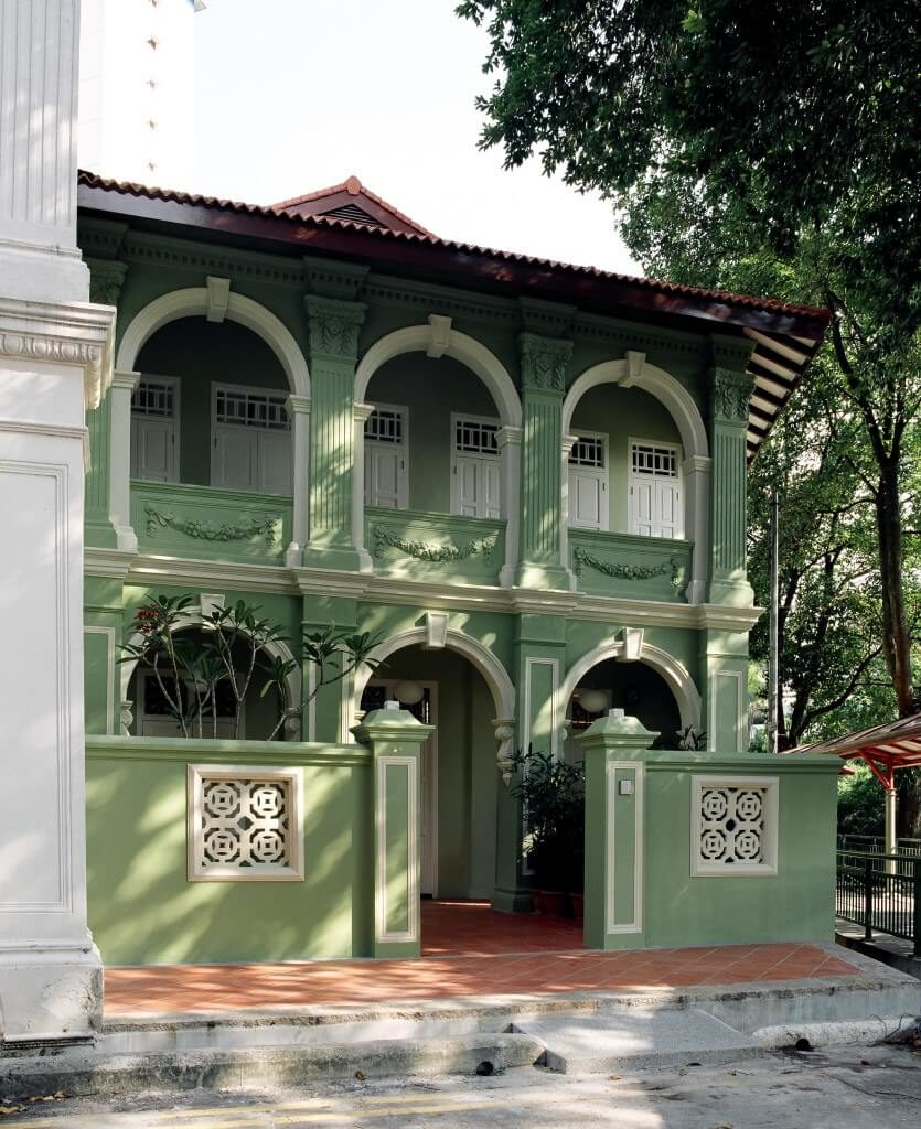 This mint green stucco creates an interesting look against the cream accents of this traditional oriental styled exterior. Warm terra cotta tiles contrast the green, like oxidized copper, for a fun touch. This mint green stucco creates an interesting look against the cream accents of this traditional oriental styled exterior. Warm terra cotta tiles contrast the green, like oxidized copper, for a fun touch.