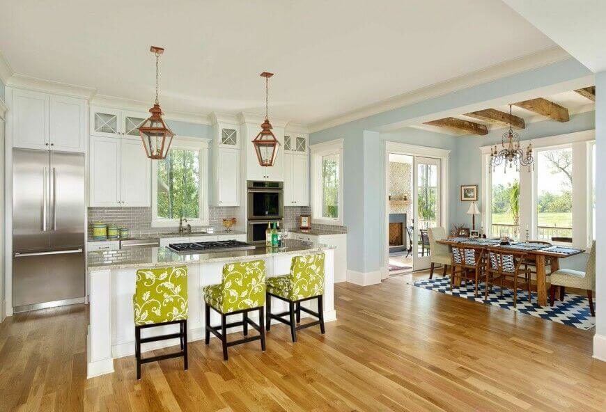 Bright is the name of the game in this room. Bright cabinets, bright walls, bright accents, even the floor is a bright honey-colored wood. Black chair legs help to break up the brightness and tie together the black accents in the appliances without feeling harsh in the space. The gorgeous copper lanterns accomplish the same goal by breaking up the space at the top of the room. Bright is the name of the game in this room. Bright cabinets, bright walls, bright accents, even the floor is a bright honey-colored wood. Black chair legs help to break up the brightness and tie together the black accents in the appliances without feeling harsh in the space. The gorgeous copper lanterns accomplish the same goal by breaking up the space at the top of the room.