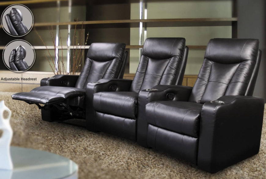 Perfect for sports fans and movie buffs, this triple threat seating arrangement means you and two companions can relax in style and comfort. With adjustable headrests and top-notch reclining systems, each seat is fully adjustable. Each seat has its own chromed metal cupholder and foot rest. Top grain leather upholstery and a hardwood frame add durability to these awesome theater-style seats. Perfect for sports fans and movie buffs, this triple threat seating arrangement means you and two companions can relax in style and comfort. With adjustable headrests and top-notch reclining systems, each seat is fully adjustable. Each seat has its own chromed metal cupholder and foot rest. Top grain leather upholstery and a hardwood frame add durability to these awesome theater-style seats.