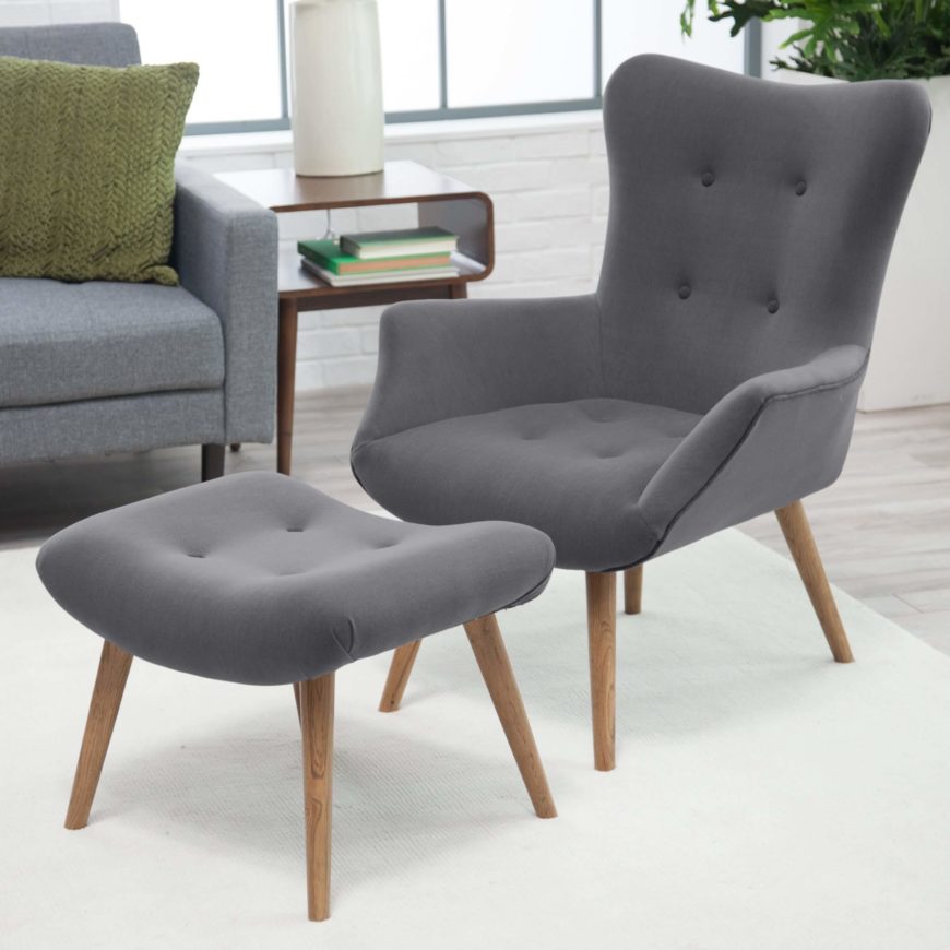 Sleek and simple in design, this chair and ottoman set employs a timeless design that goes well with any style decor. Slightly contrasting piping and button features add subtle detail, while simple woodgrain legs add warmth to the overall look. This elegant set is just right for the low-key, minimalist man cave. Sleek and simple in design, this chair and ottoman set employs a timeless design that goes well with any style decor. Slightly contrasting piping and button features add subtle detail, while simple woodgrain legs add warmth to the overall look. This elegant set is just right for the low-key, minimalist man cave.