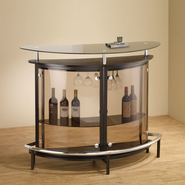 Our first man cave bar is a sleek little unit employing loads of glass for a light and airy appearance. This won't take up a ton of space, so it can be used in a huge variety of room sizes and styles. The modern styling complements a similarly styled room, and offers plenty of space for drinks and glasses.
