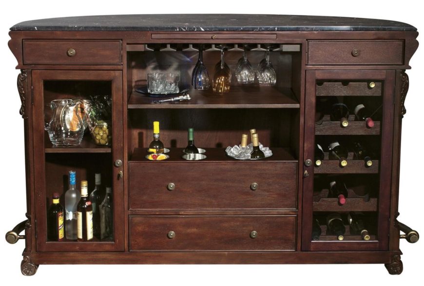 While the front is an elegant, smooth curve presenting a singular look toward the rest of your man cave, the back side of this bespoke bar reveals a cornucopia of storage options. With both swing-out drawers and open shelving for glasses, openers, and everything else you might need, this bar is the perfect way to add some useful elegance to your man cave.