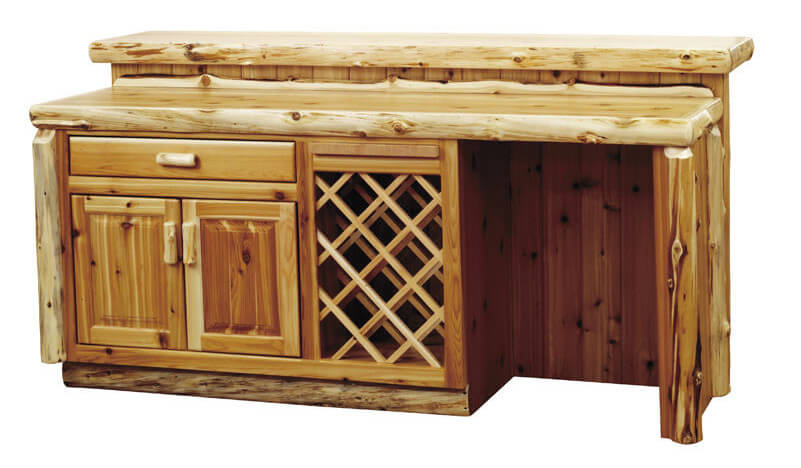If your man cave is all about masculine, rustic style, you'll want to check out this bar. Crafted from rich natural wood with a knotty, tough appearance, it's got all the convenience of a modern home by in a more prosaic package. There's a built in wine rack, retractible cutting board, and large storage drawer and cabinet for utmost utility.
