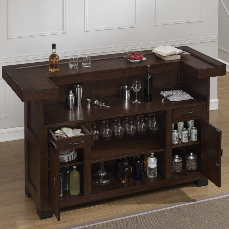 When understated luxury is what you're aiming for in a man cave, this home bar fits the bill perfectly. Rich wood meets classic lines in a relatively compact size for all that it provides in terms of storage and usability. The cabinets can be locked for security, and there's even a lower bar surface for mixing and pouring drinks.