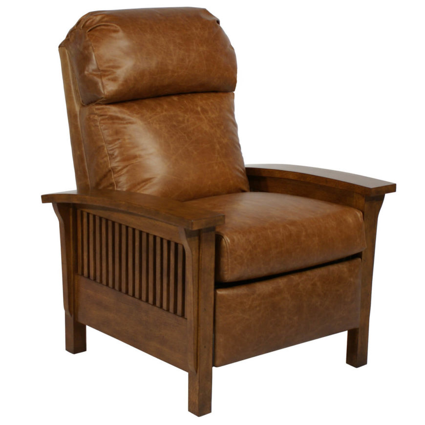 Our first living room chair features a bold, rich wood frame flanking a thickly padded, plush leather upholstered chair. The simplistic, sharp wood panels create a warm complementary tone with the stressed and comfortable leather, conveying that back-to-basics Craftsman style in a big, comfortable living room seating staple. Our first living room chair features a bold, rich wood frame flanking a thickly padded, plush leather upholstered chair. The simplistic, sharp wood panels create a warm complementary tone with the stressed and comfortable leather, conveying that back-to-basics Craftsman style in a big, comfortable living room seating staple.