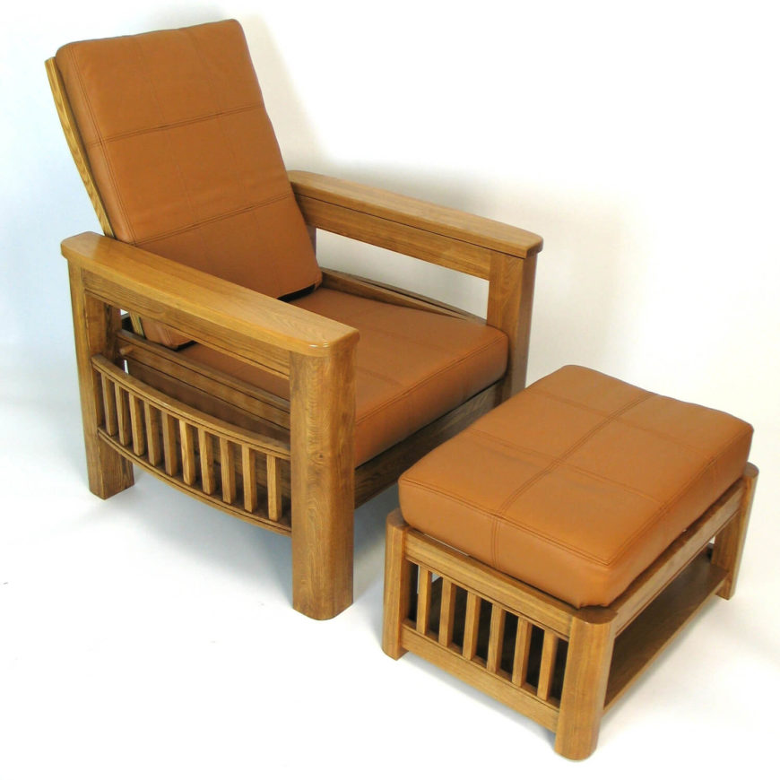 Instead of oak, this chair utilizes the much brighter looking birchwood for its rich natural frame. The chair features that familiar vertical slat design, but slightly bowed out to make room for newspaper or magazine storage. Paired with a matching ottoman, it's bound to be an elegantly comfortable presence in any Craftsman styled living room. Instead of oak, this chair utilizes the much brighter looking birchwood for its rich natural frame. The chair features that familiar vertical slat design, but slightly bowed out to make room for newspaper or magazine storage. Paired with a matching ottoman, it's bound to be an elegantly comfortable presence in any Craftsman styled living room.