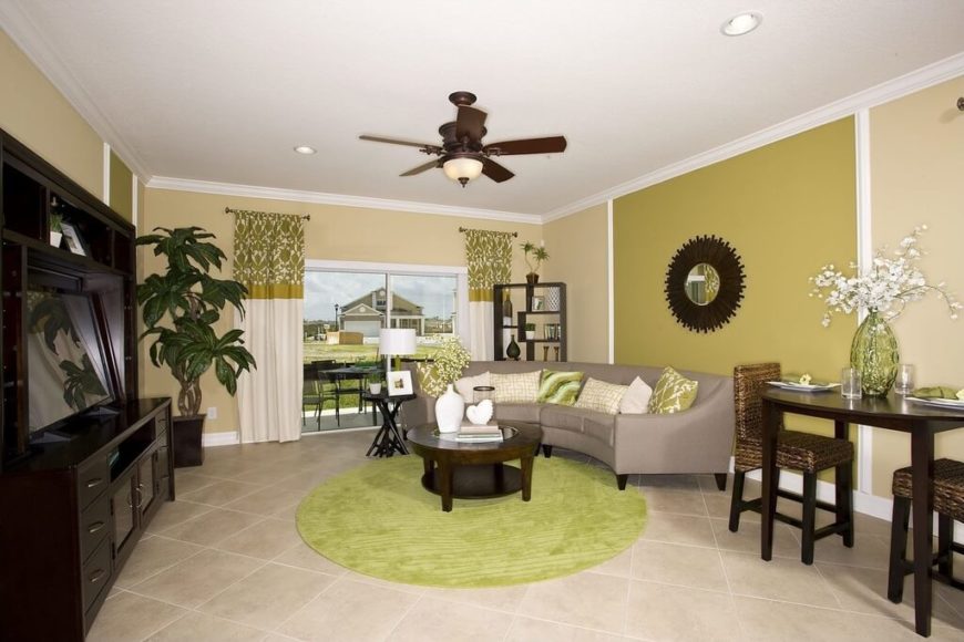 This room uses a number of different shades and hues of green to create a great deal of depth and a dynamic feel with using only a few colors. While there are mostly shades of green, they are all somewhat faded or dusty This room uses a number of different shades and hues of green to create a great deal of depth and a dynamic feel with using only a few colors. While there are mostly shades of green, they are all somewhat faded or dusty