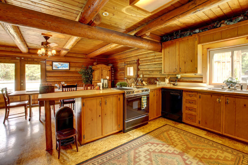 Rustic wood fills this kitchen, including the smooth pine countertops and pine cabinetry. Rustic wood fills this kitchen, including the smooth pine countertops and pine cabinetry.