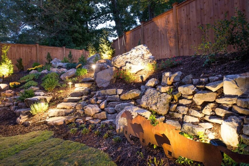 Stake lights and directed lighting fixtures are perfect for highlighting paths and specific features in your garden. Pointing lights at features such as light colored rocks and walls can reflect the light over the rest of the garden, creating a softer feel.