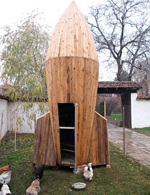 Speaking of innovation, behold this rocket-shaped chicken coop, towering over a yard. It's certainly not a design for everyone, but if you're looking for something fanciful and unique, this is it. Speaking of innovation, behold this rocket-shaped chicken coop, towering over a yard. It's certainly not a design for everyone, but if you're looking for something fanciful and unique, this is it.