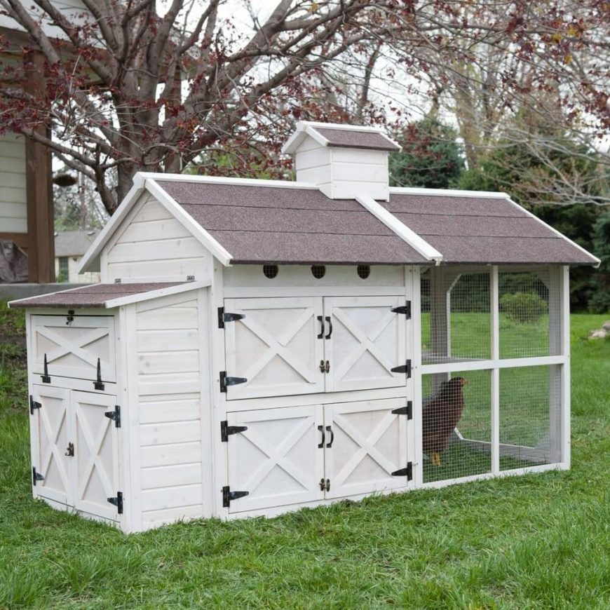 This large and handsomely decorated chicken coop features bold black metal latches and a white paint job that makes it truly pop in a lush backyard. The large roof overhang ensures that the outdoor component is sheltered from rain. This large and handsomely decorated chicken coop features bold black metal latches and a white paint job that makes it truly pop in a lush backyard. The large roof overhang ensures that the outdoor component is sheltered from rain.