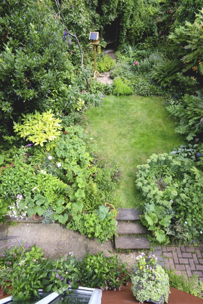 This yard has a small manicured lawn that has been surrounded by lush plant gardens. The plants have been left to run wild and appear to be swallowing the lawn area. This design makes it look as though the lawn has been carved out of the wilds of nature. This yard has a small manicured lawn that has been surrounded by lush plant gardens. The plants have been left to run wild and appear to be swallowing the lawn area. This design makes it look as though the lawn has been carved out of the wilds of nature.
