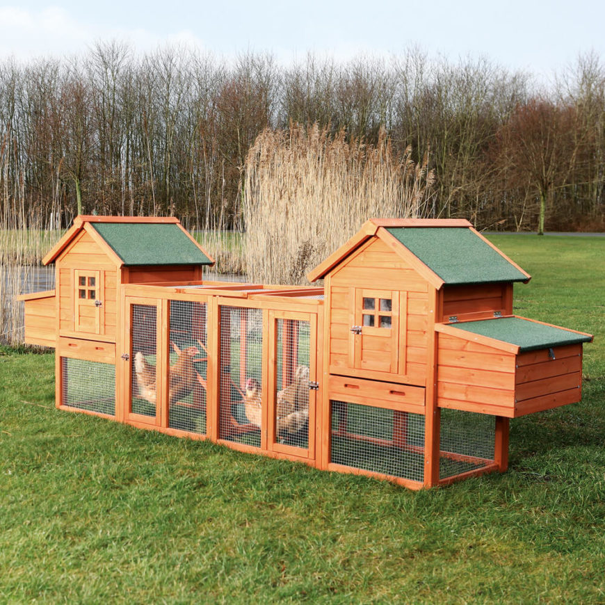 We love the deluxe nature of this chicken coop duplex. With a pair of robust shelters joined by an extended exercise space and plenty of wire fencing, it's a great solution for multiple chickens in a relatively small yard. We love the deluxe nature of this chicken coop duplex. With a pair of robust shelters joined by an extended exercise space and plenty of wire fencing, it's a great solution for multiple chickens in a relatively small yard.