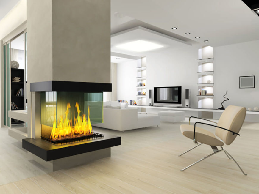 Modern fireplace with three sides open and a glass shield. Modern fireplace with three sides open and a glass shield.