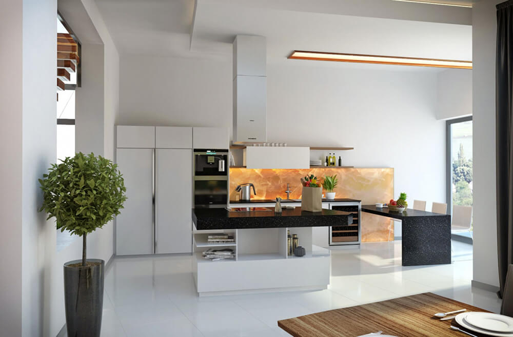White modish kitchen boasting a smooth white flooring and a stylish set of countertops. The center island looks stylish while the peninsula is so gorgeous as well.