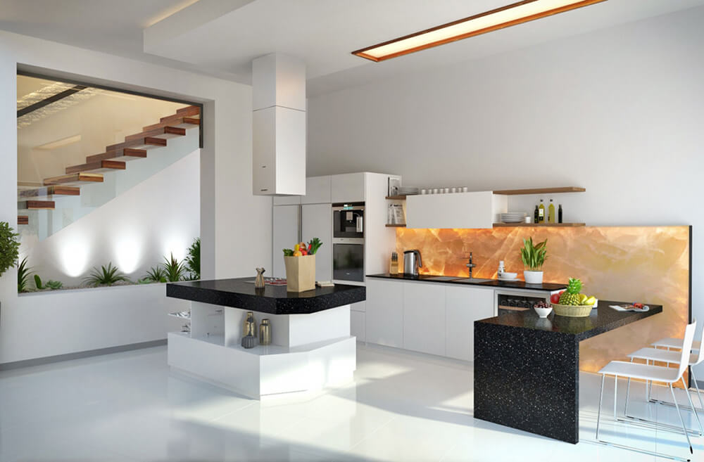 White modish kitchen boasting a smooth white flooring and a stylish set of countertops. The center island looks stylish while the peninsula is so gorgeous as well.