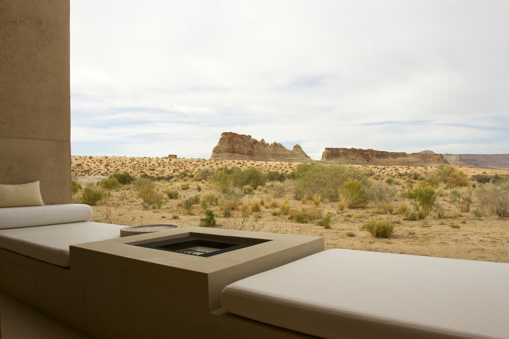 Built-in Square gas fuelled fire pit on a small balcony overlooking the desert. Built-in Square gas fuelled fire pit on a small balcony overlooking the desert.