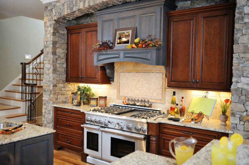 While non-organic colors like blue aren't common in Craftsman kitchens, if they are used, they should be dusky and faded, like the vent hood in the kitchen below. This Craftsman kitchen leans more towards rustic, substituting a lot of wood for natural stone brick. While non-organic colors like blue aren't common in Craftsman kitchens, if they are used, they should be dusky and faded, like the vent hood in the kitchen below. This Craftsman kitchen leans more towards rustic, substituting a lot of wood for natural stone brick.