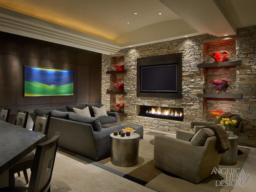 The curved tray ceiling of this family room hides lighting that works well as ambient lighting during a movie night. The curved tray ceiling of this family room hides lighting that works well as ambient lighting during a movie night.