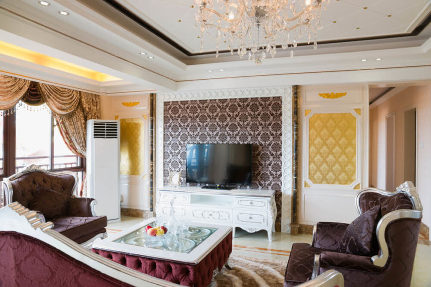 The wallpaper in this family room gives it a more ornate look, almost contemporary-Victorian in style. The wallpaper in this family room gives it a more ornate look, almost contemporary-Victorian in style.
