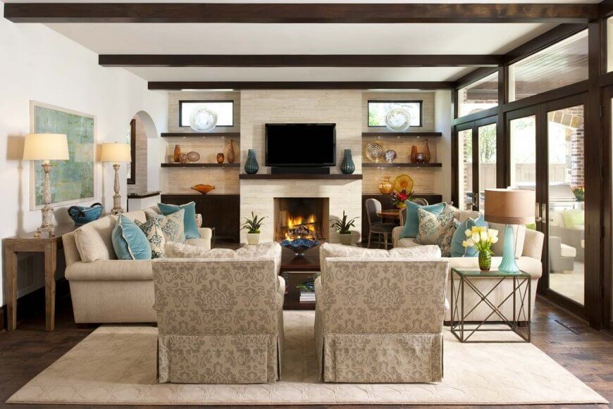 Dark, rich wooden beams add architectural interest to any contemporary family room. Dark, rich wooden beams add architectural interest to any contemporary family room.
