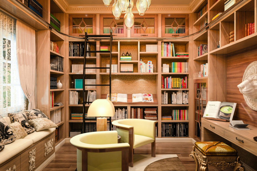 Medium-sized home library with a nice bench seating near the French windows. There's a reading desk on the side as well. The bookshelves are just so charming.