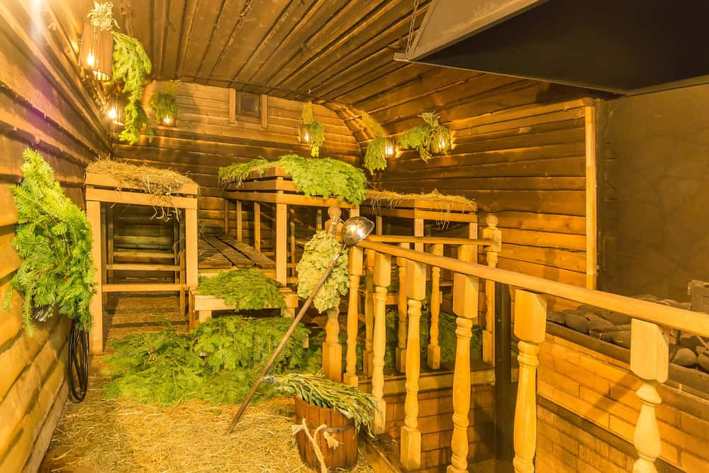 Interior of a traditional wood-burning sauna