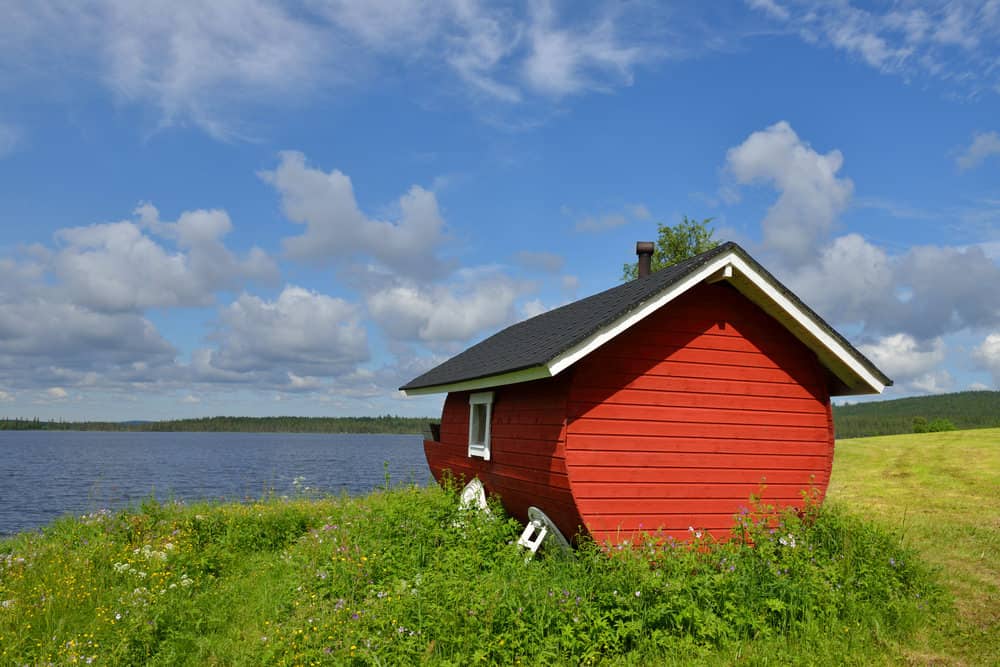 Traditional red sauna hut in Finland
