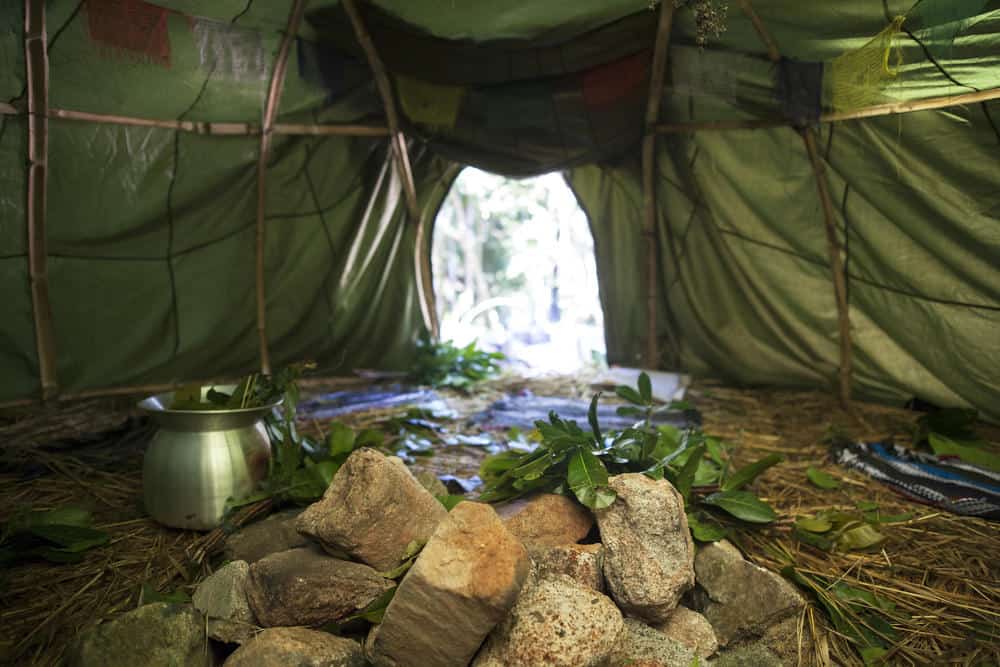Interior of tent-like sweat lodge