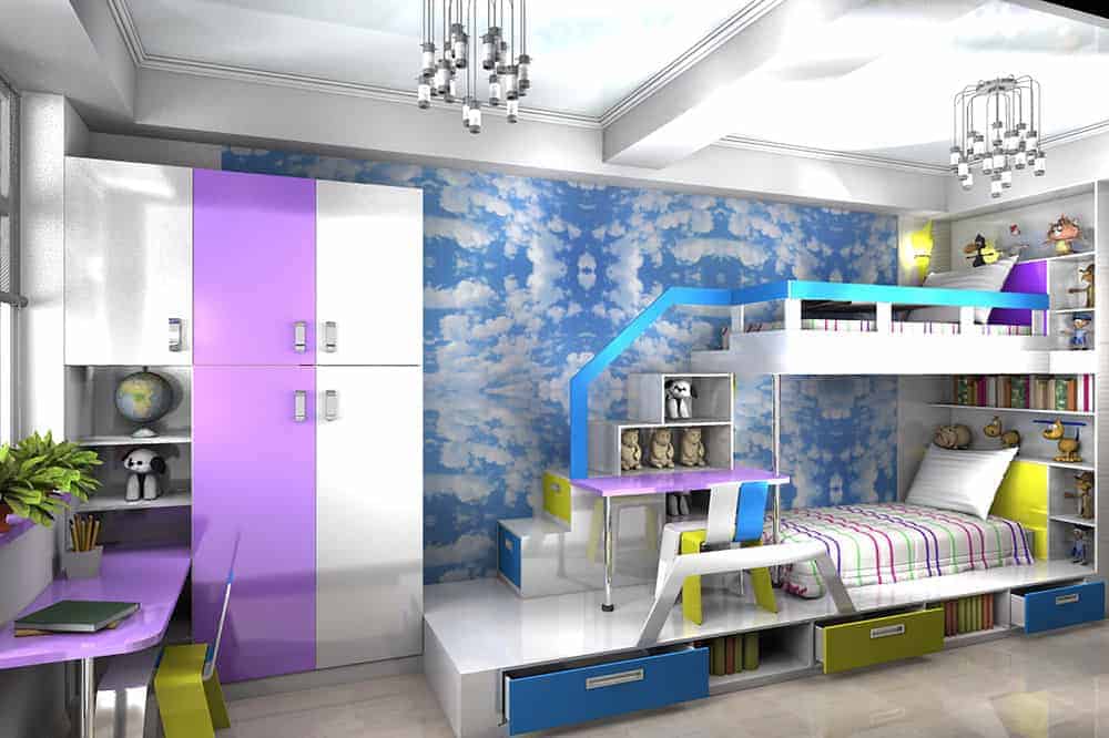 Kids bedroom showcases a storage cabinet and a marvelous bunk bed with shelvings and desk against the cloud accent wall.