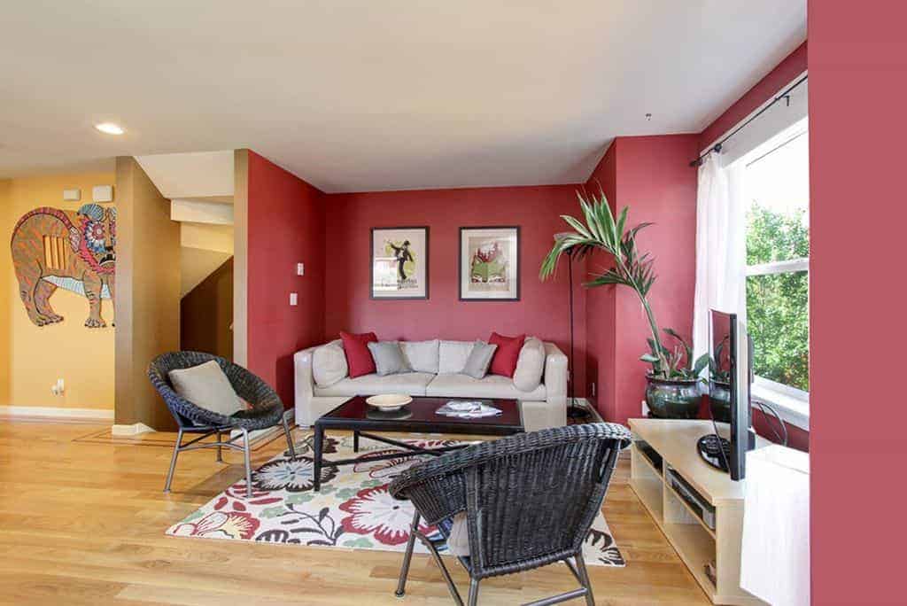 A tall potted plant creates a refreshing ambiance in this living room with round wicker chairs and a gray sofa against the pink walls mounted with black framed artworks.